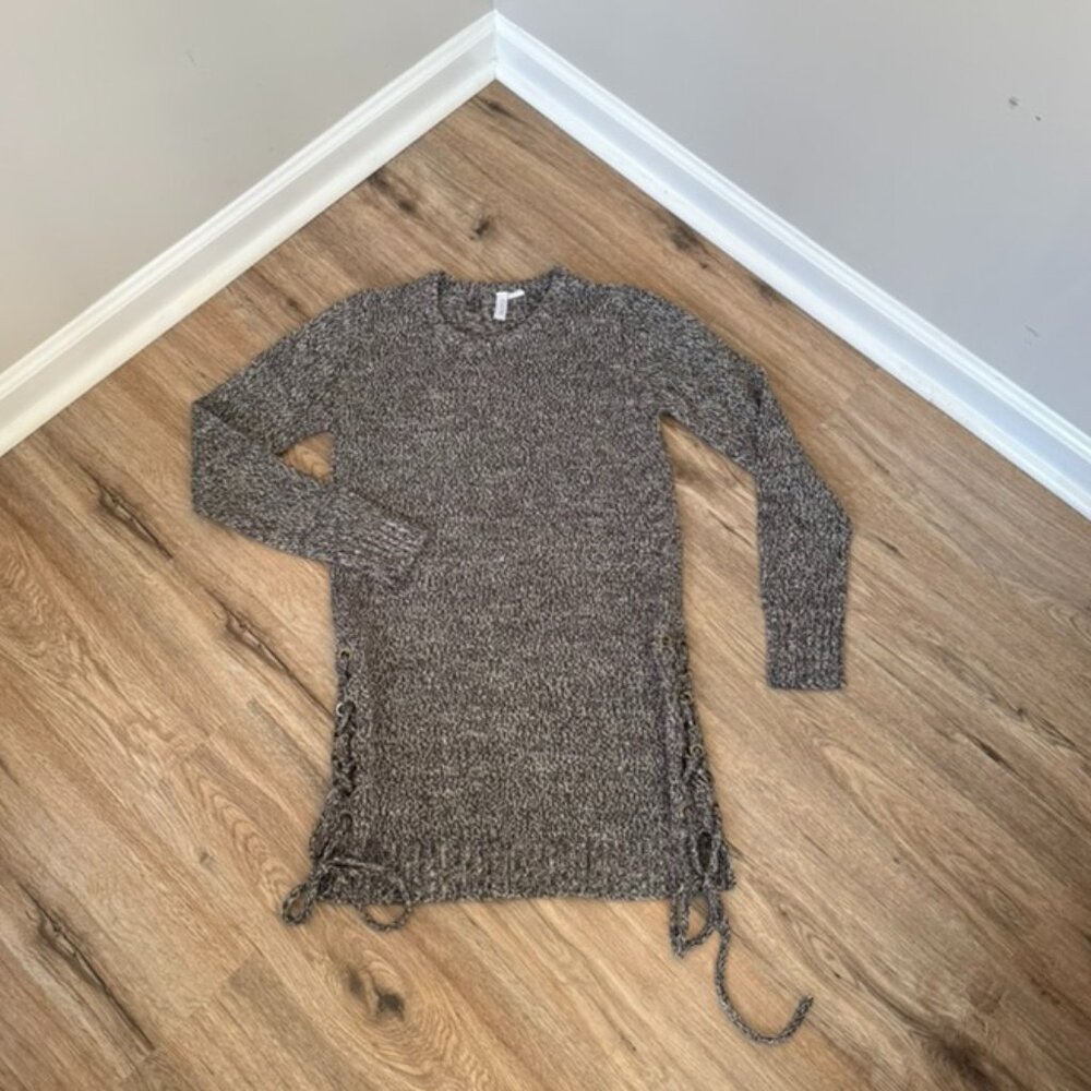 Cloth by Design Green-Gray Knit Sweater Dress with Side Lace-Up Detail | Size M